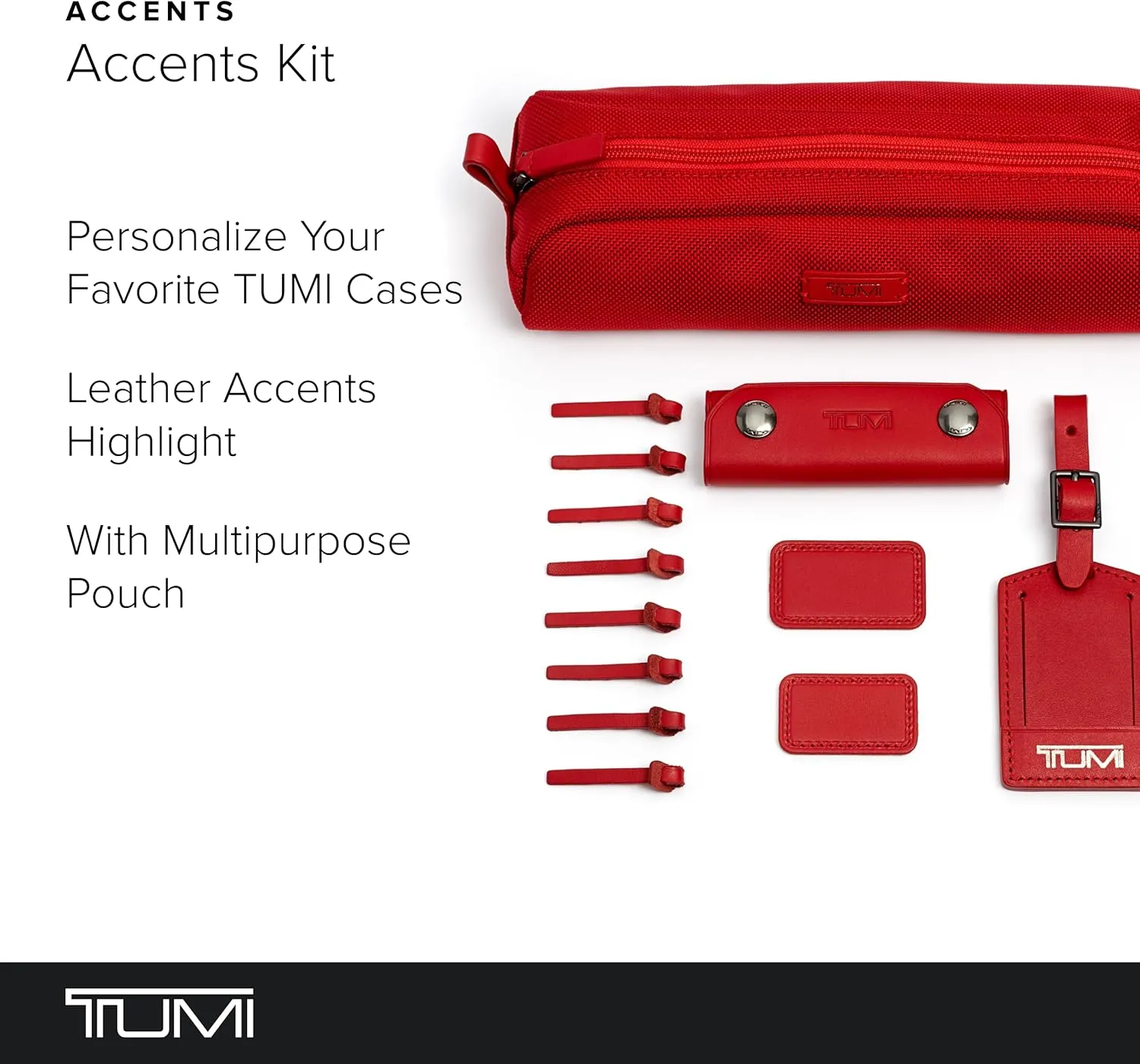 TUMI - Accents Kit - Includes 2 Leather Monogram Patches, 1 Leather Luggage Handle Wrap, 1 Luggage Tag & 8 Leather Zipper Pulls - Cherry