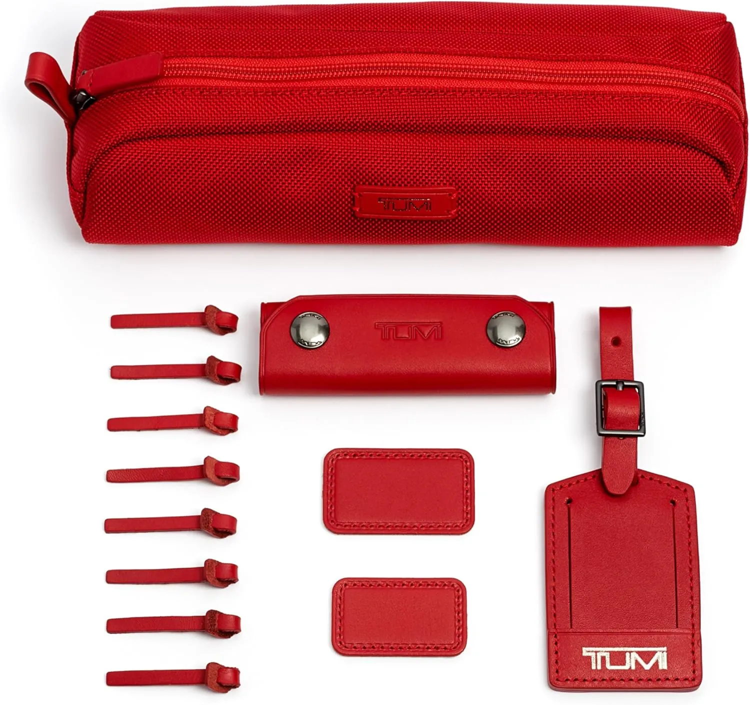 TUMI - Accents Kit - Includes 2 Leather Monogram Patches, 1 Leather Luggage Handle Wrap, 1 Luggage Tag & 8 Leather Zipper Pulls - Cherry