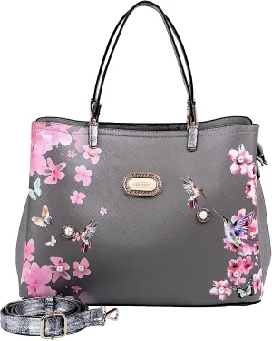Twilight Garden Designer Leather Tote Bag with Floral and Hummingbird Embellishments and Adjustable Shoulder Strap