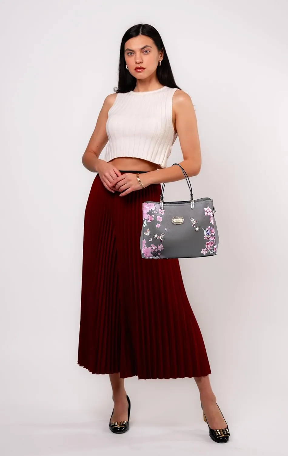Twilight Garden Designer Leather Tote Bag with Floral and Hummingbird Embellishments and Adjustable Shoulder Strap
