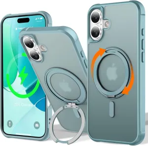 UMIONE 360° Rotatable Magnetic Ring Design for iPhone 16, Built-in Invisible Loop Stand, Compatible with Magsafe, Translucent Ultra Slim Military Grade Shockproof Case - Green