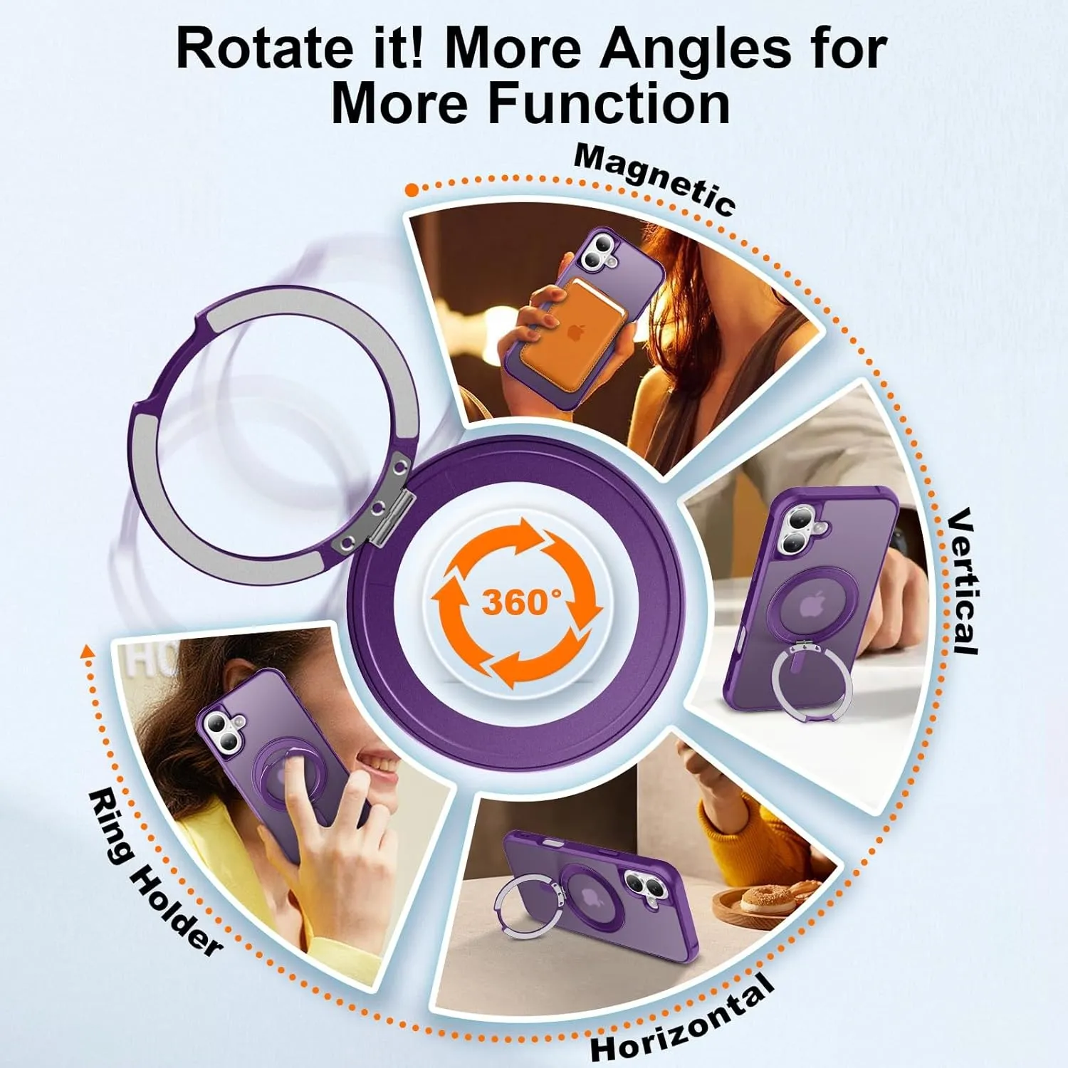 UMIONE 360° Rotatable Magnetic Ring Design for iPhone 16, Built-in Invisible Loop Stand, Compatible with Magsafe, Translucent Ultra Slim Military Grade Shockproof Case - Purple