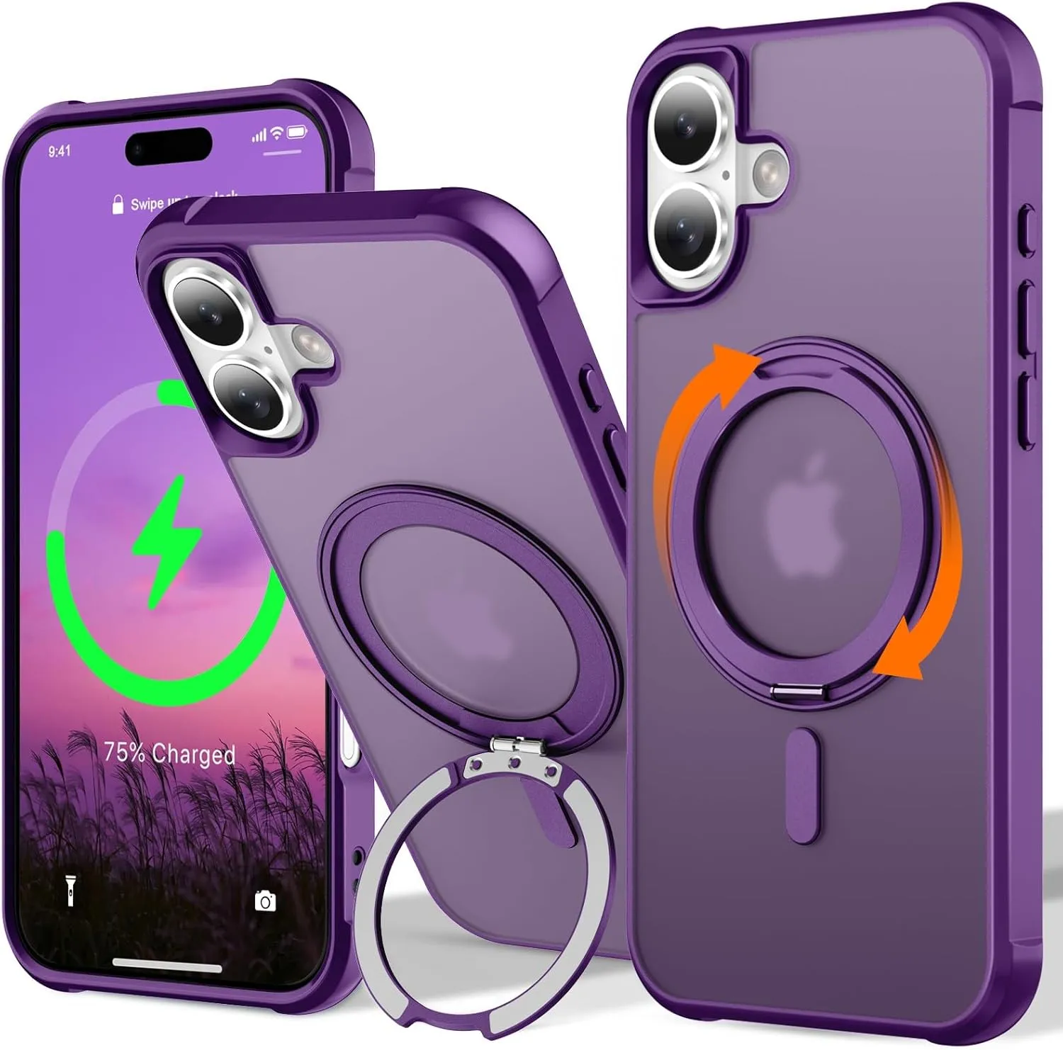 UMIONE 360° Rotatable Magnetic Ring Design for iPhone 16, Built-in Invisible Loop Stand, Compatible with Magsafe, Translucent Ultra Slim Military Grade Shockproof Case - Purple