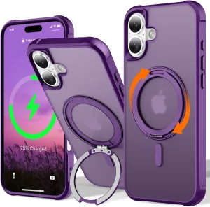 UMIONE 360° Rotatable Magnetic Ring Design for iPhone 16, Built-in Invisible Loop Stand, Compatible with Magsafe, Translucent Ultra Slim Military Grade Shockproof Case - Purple