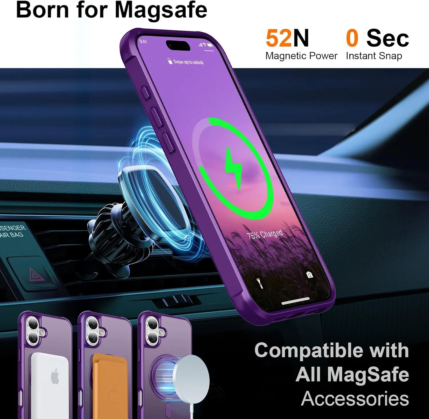 UMIONE 360° Rotatable Magnetic Ring Design for iPhone 16, Built-in Invisible Loop Stand, Compatible with Magsafe, Translucent Ultra Slim Military Grade Shockproof Case - Purple
