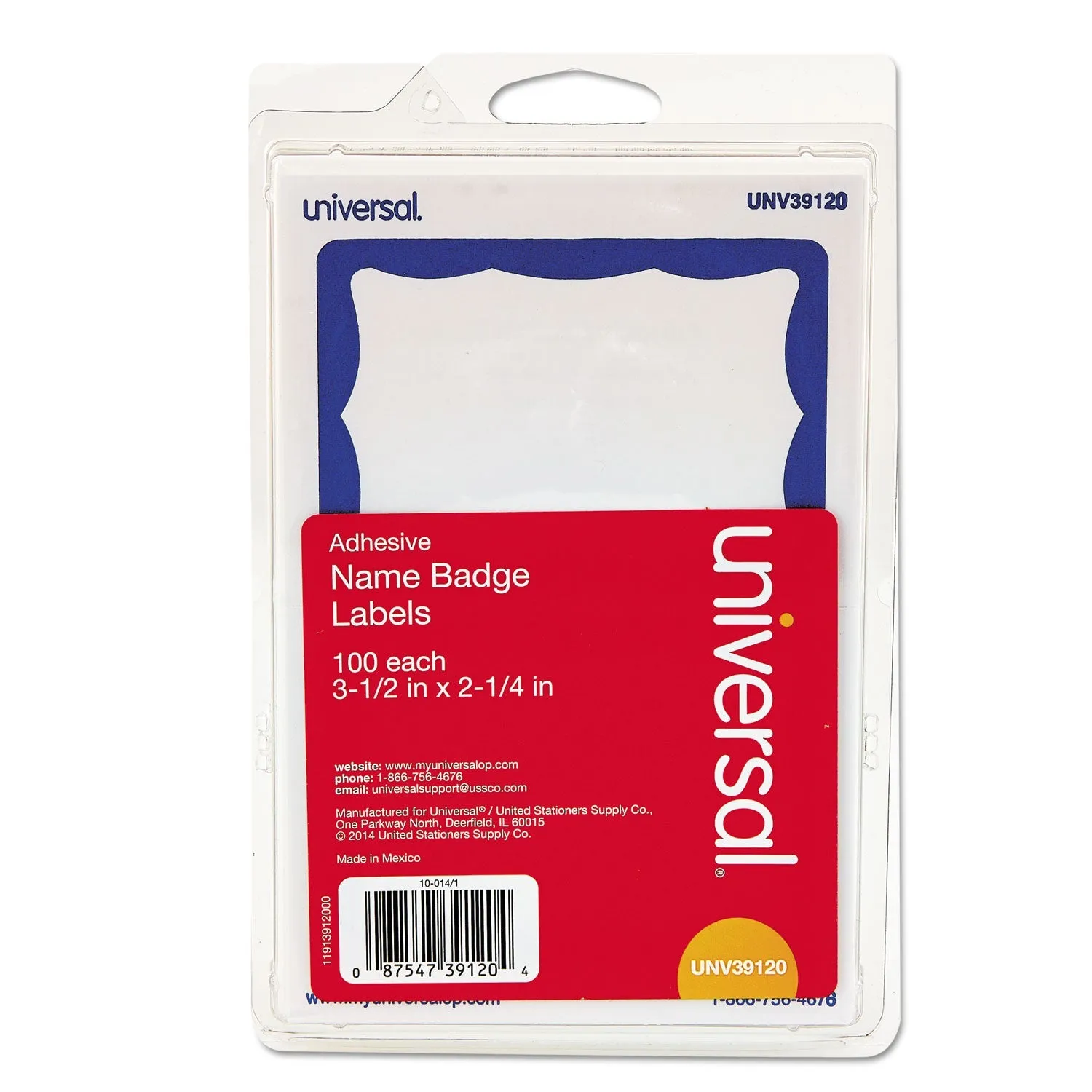 Universal® Border-Style Self-Adhesive Name Badges, 3 1/2 X 2 1/4, White/blue, 100/pack