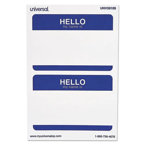 Universal® Hello Self-Adhesive Name Badges, 3.5 x 2.25, White/Blue, 100/Pack