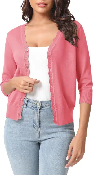 Urban CoCo Woman's 3/4 Sleeve V-Neck Cropped Cardigan Sweater Open Front Lightweight Knit Shrugs for Women