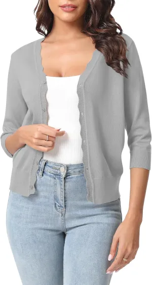 Urban CoCo Woman's 3/4 Sleeve V-Neck Cropped Cardigan Sweater Open Front Lightweight Knit Shrugs for Women