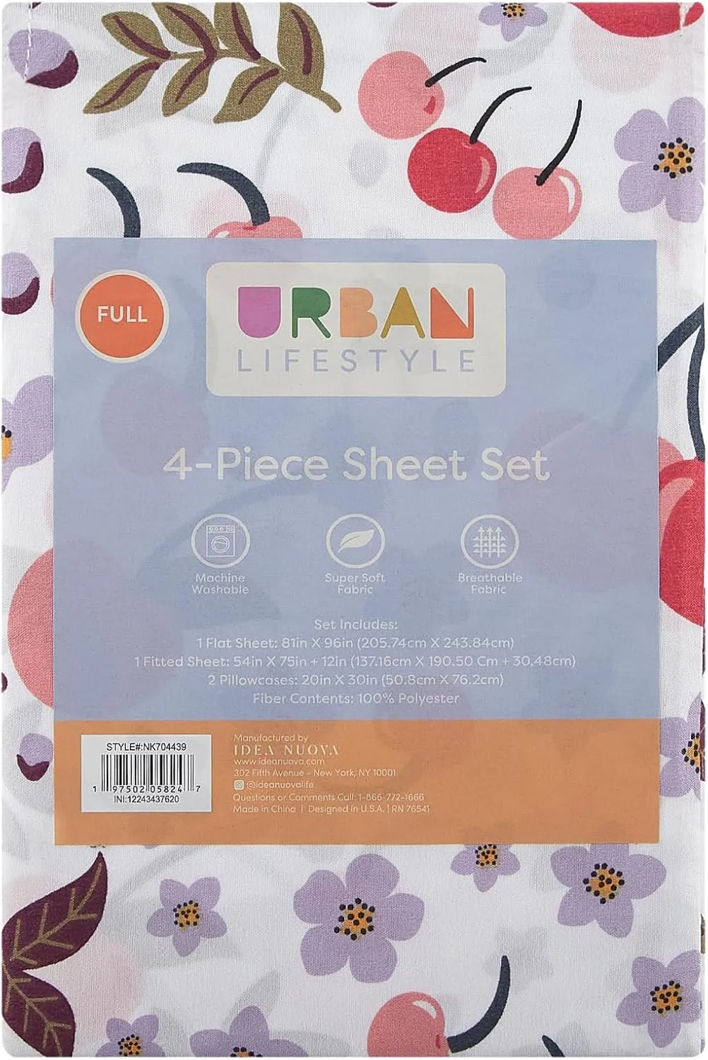 Urban Lifestyle 4 Piece Sheet Set, Including Top Sheet, Fitted Sheet and 2 Pillow Cases, Cherry Print, Full
