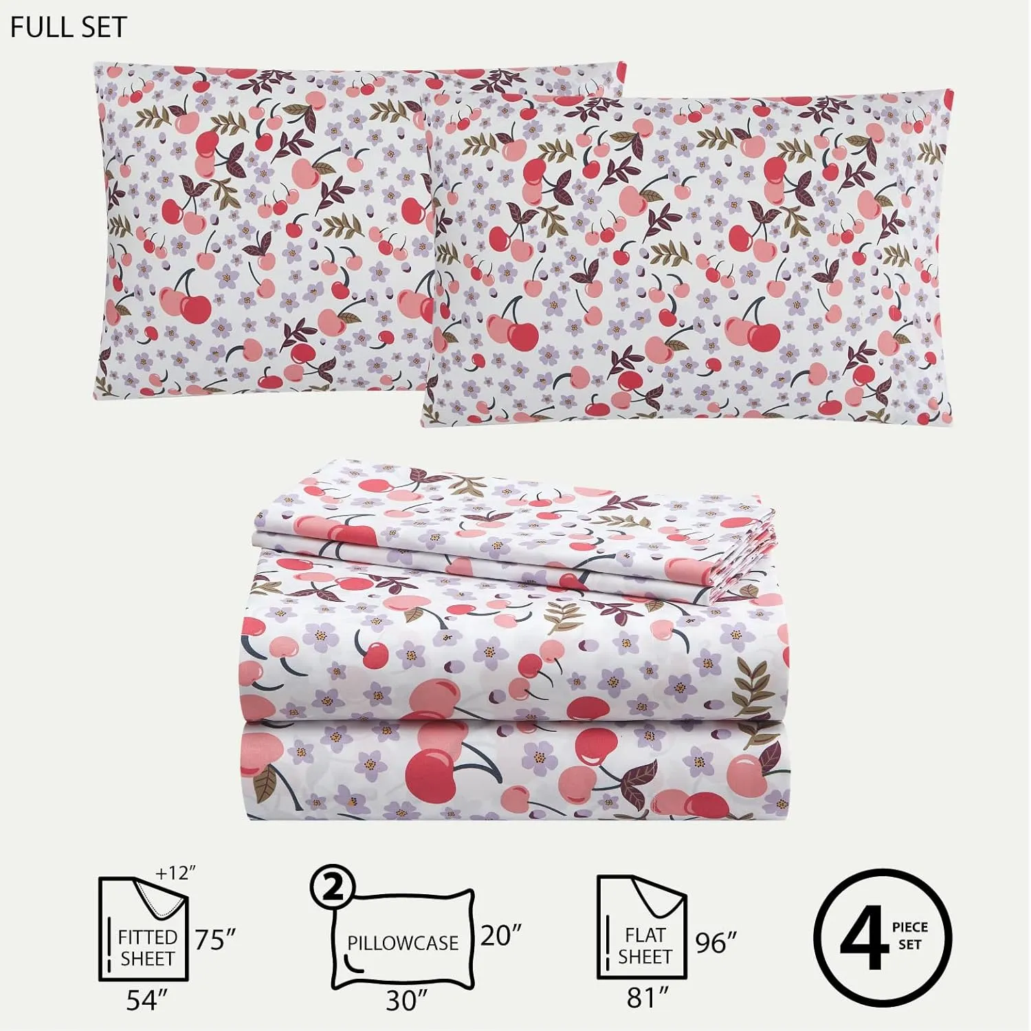 Urban Lifestyle 4 Piece Sheet Set, Including Top Sheet, Fitted Sheet and 2 Pillow Cases, Cherry Print, Full