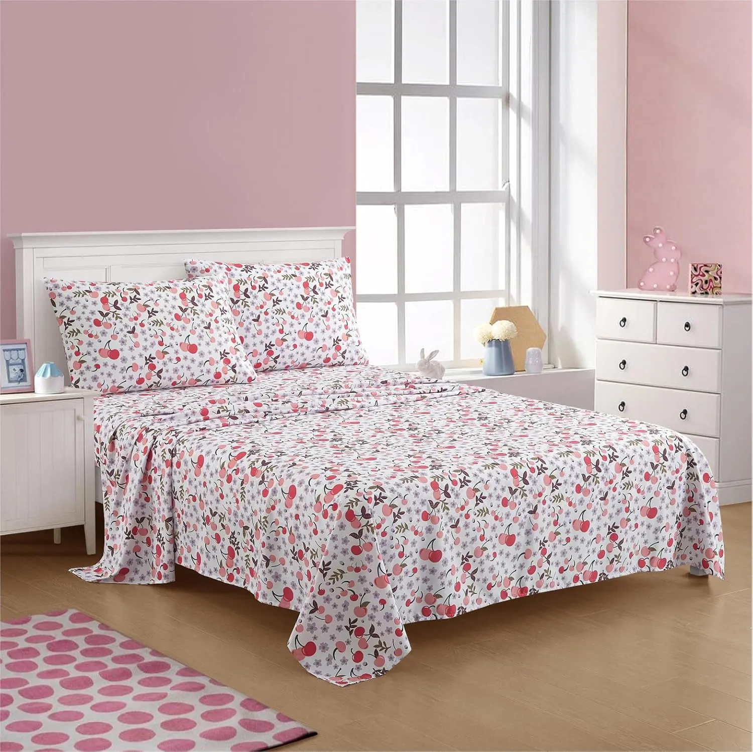 Urban Lifestyle 4 Piece Sheet Set, Including Top Sheet, Fitted Sheet and 2 Pillow Cases, Cherry Print, Full