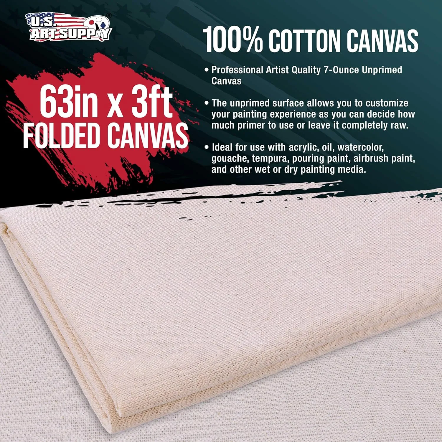 U.S. Art Supply 7-Ounce Unprimed 63" Wide x 1 Yard (3 Feet) Long Unstretched Canvas Roll - 100% Cotton, Woven, Acid-Free - Oil & Acrylic Painting, Murals, Backdrop - Cut to Stretcher Bar Frame Size