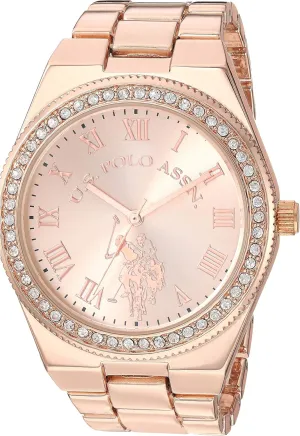 U.S. Polo Assn. Women's Rose Gold Watch with Roman Numerals and Crystal Bezel Accent – Elegant Analog Quartz Timepiece with Polished Link Bracelet Fits Wrists 5.5"-8"
