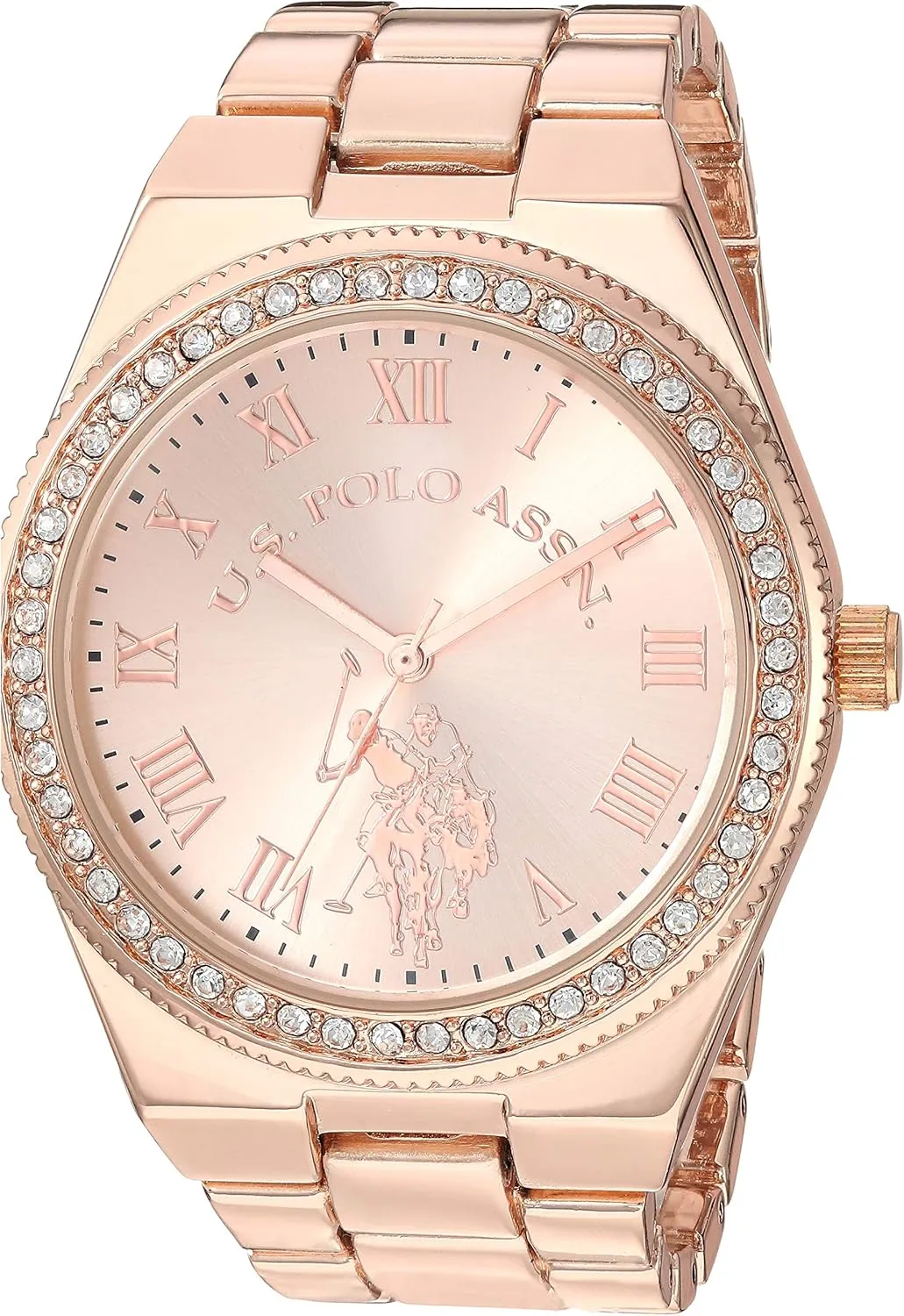 U.S. Polo Assn. Women's Rose Gold Watch with Roman Numerals and Crystal Bezel Accent – Elegant Analog Quartz Timepiece with Polished Link Bracelet Fits Wrists 5.5"-8"