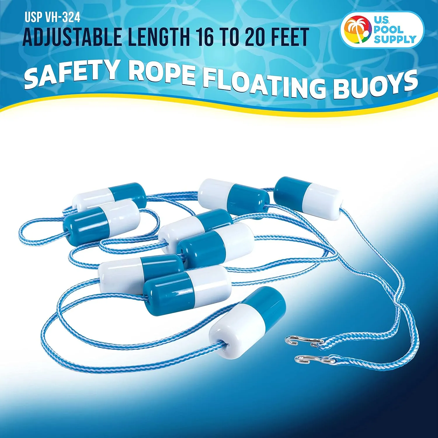 U.S. Pool Supply Pool Rope Floats To Divide Pool - Adjustable 16 to 20 Feet Safety Rope with Floating Buoys - Inground Swimming Shallow and Deep End Divider Barrier - Braided Polymer with Anchor Hooks