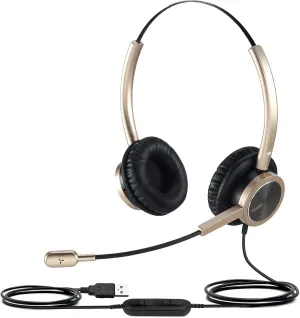 USB Computer Headset with Microphone | Noise Cancelling Mic Mute & Volume Control | for Microsoft Teams/3CX Office & Online Meetings (Y809DGUC, Gold)