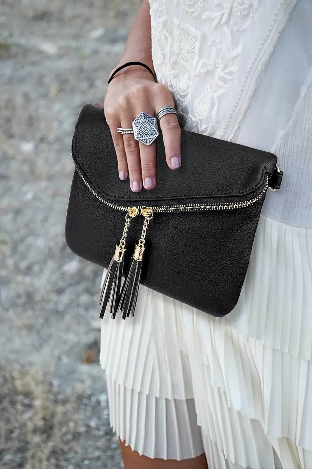 UTO Envelope Wristlet Clutch Crossbody Bag for Women Double Tassel Cellphone Trendy Purse with Strap and Zip Pocket