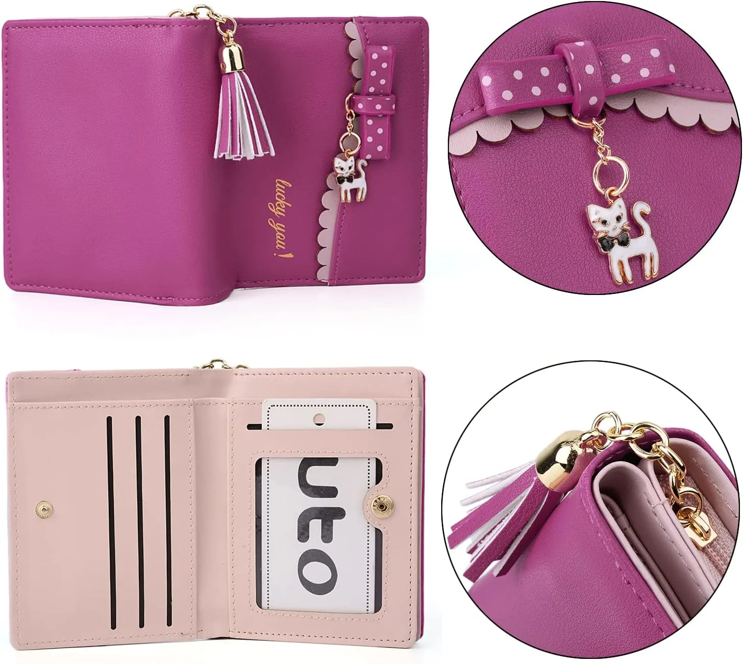 UTO Wallet for Girls PU Leather Card Holder Organizer Women Small Cute Cat Coin Purse