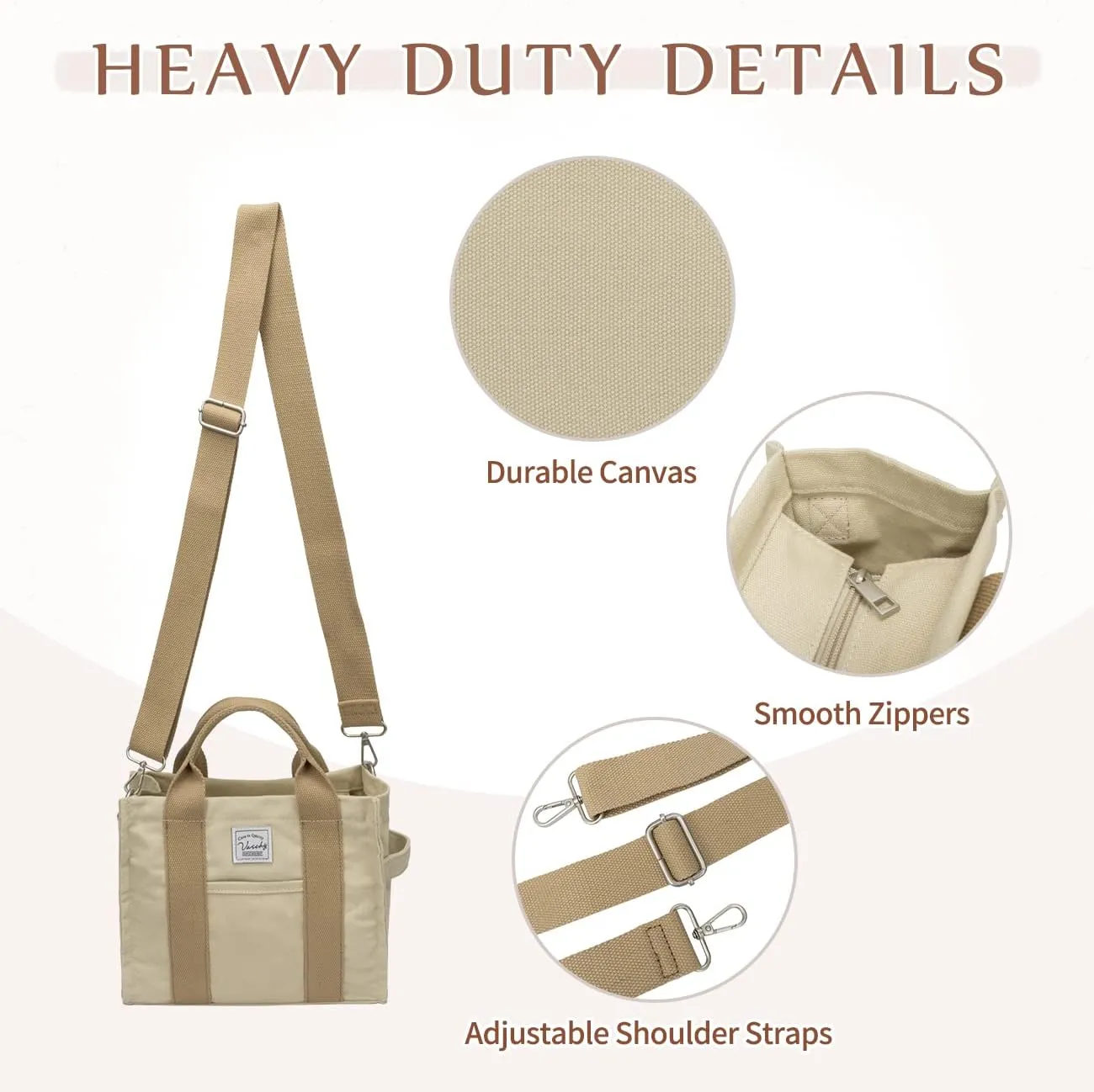 VASCHY Canvas Tote bag, Casual Reusable Work Totes for Women Teachers with Zippers Pockets Crossbody Shoulder Bag Purse