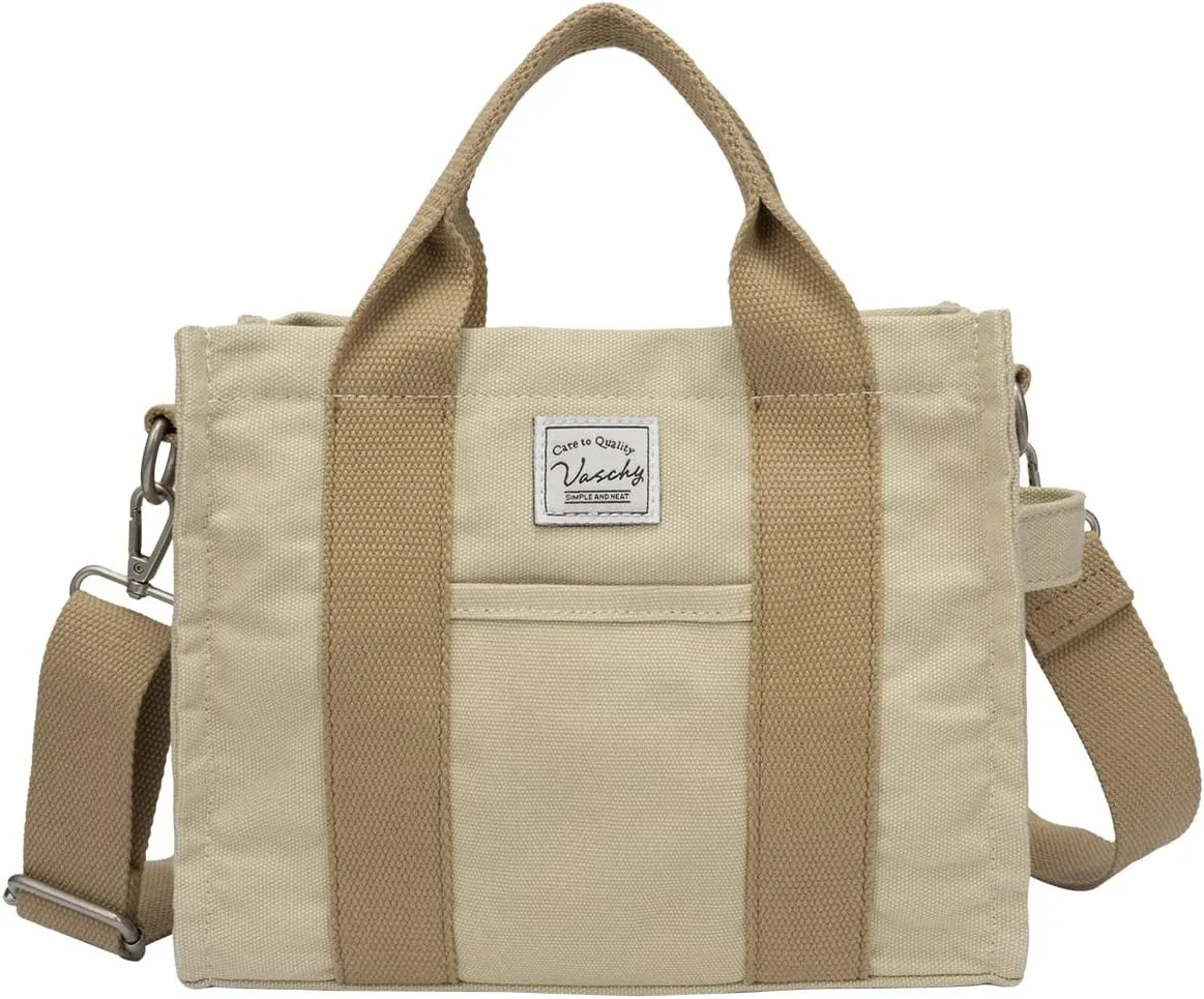 VASCHY Canvas Tote bag, Casual Reusable Work Totes for Women Teachers with Zippers Pockets Crossbody Shoulder Bag Purse