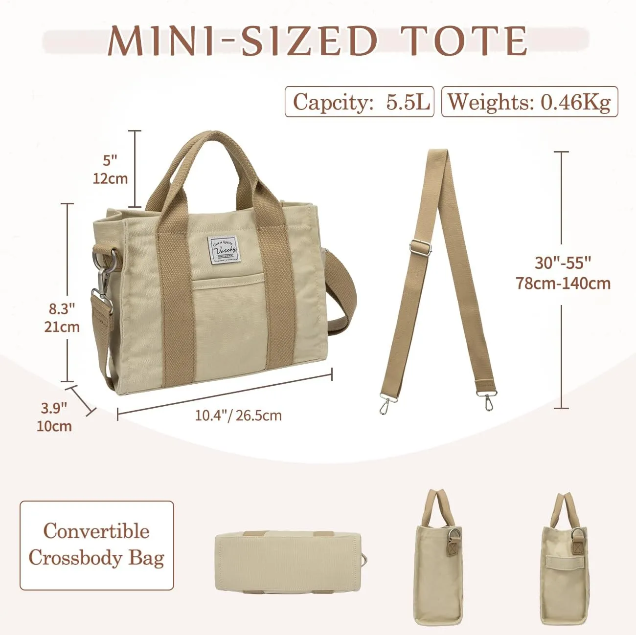 VASCHY Canvas Tote bag, Casual Reusable Work Totes for Women Teachers with Zippers Pockets Crossbody Shoulder Bag Purse