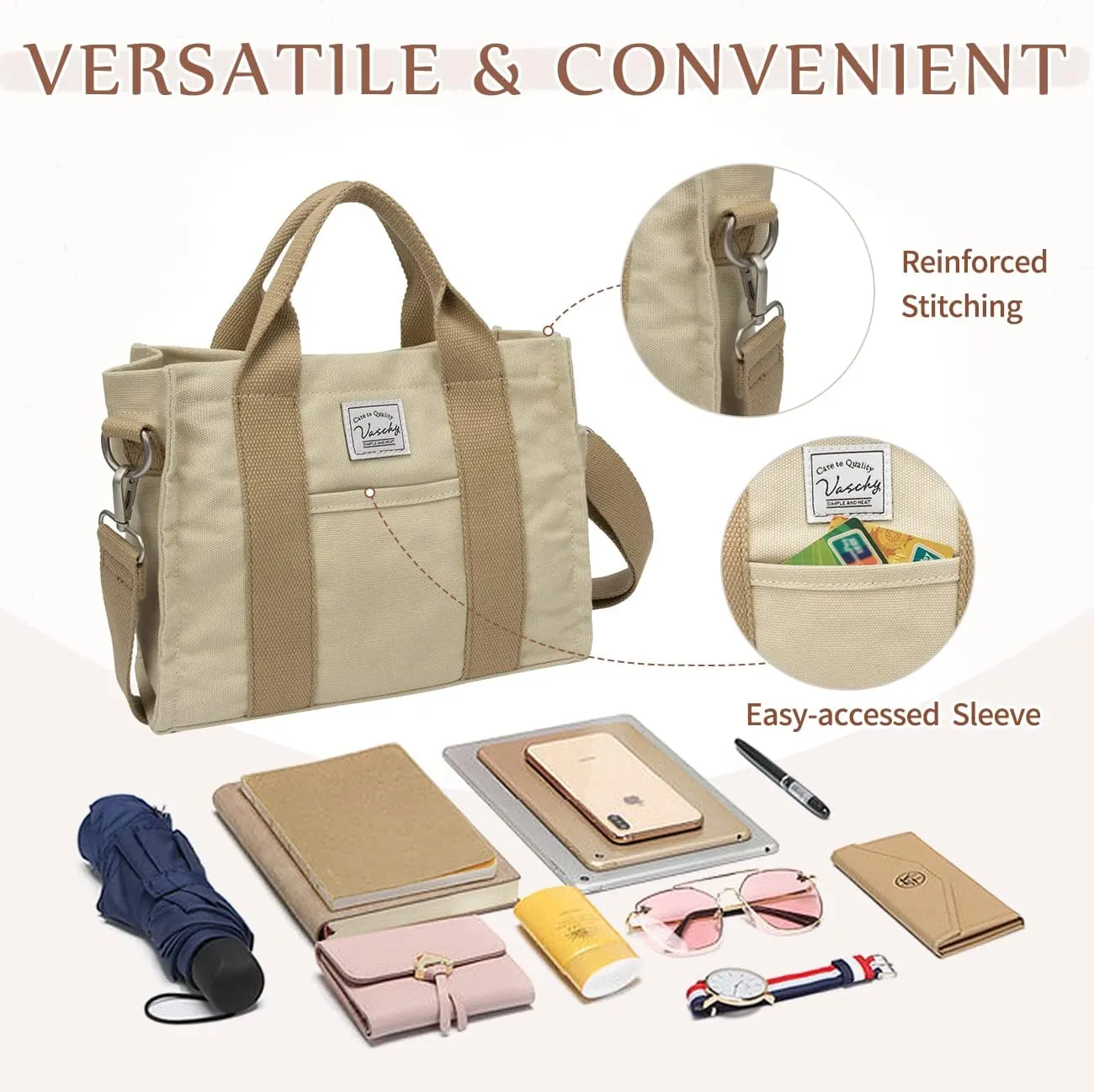 VASCHY Canvas Tote bag, Casual Reusable Work Totes for Women Teachers with Zippers Pockets Crossbody Shoulder Bag Purse