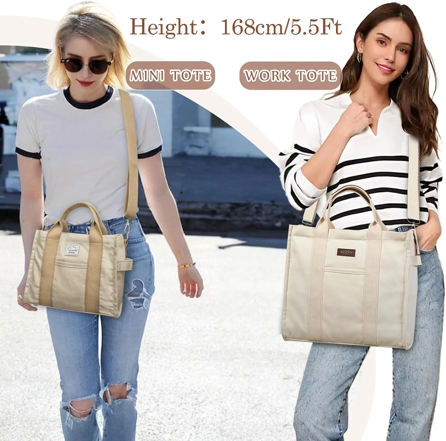 VASCHY Canvas Tote bag, Casual Reusable Work Totes for Women Teachers with Zippers Pockets Crossbody Shoulder Bag Purse