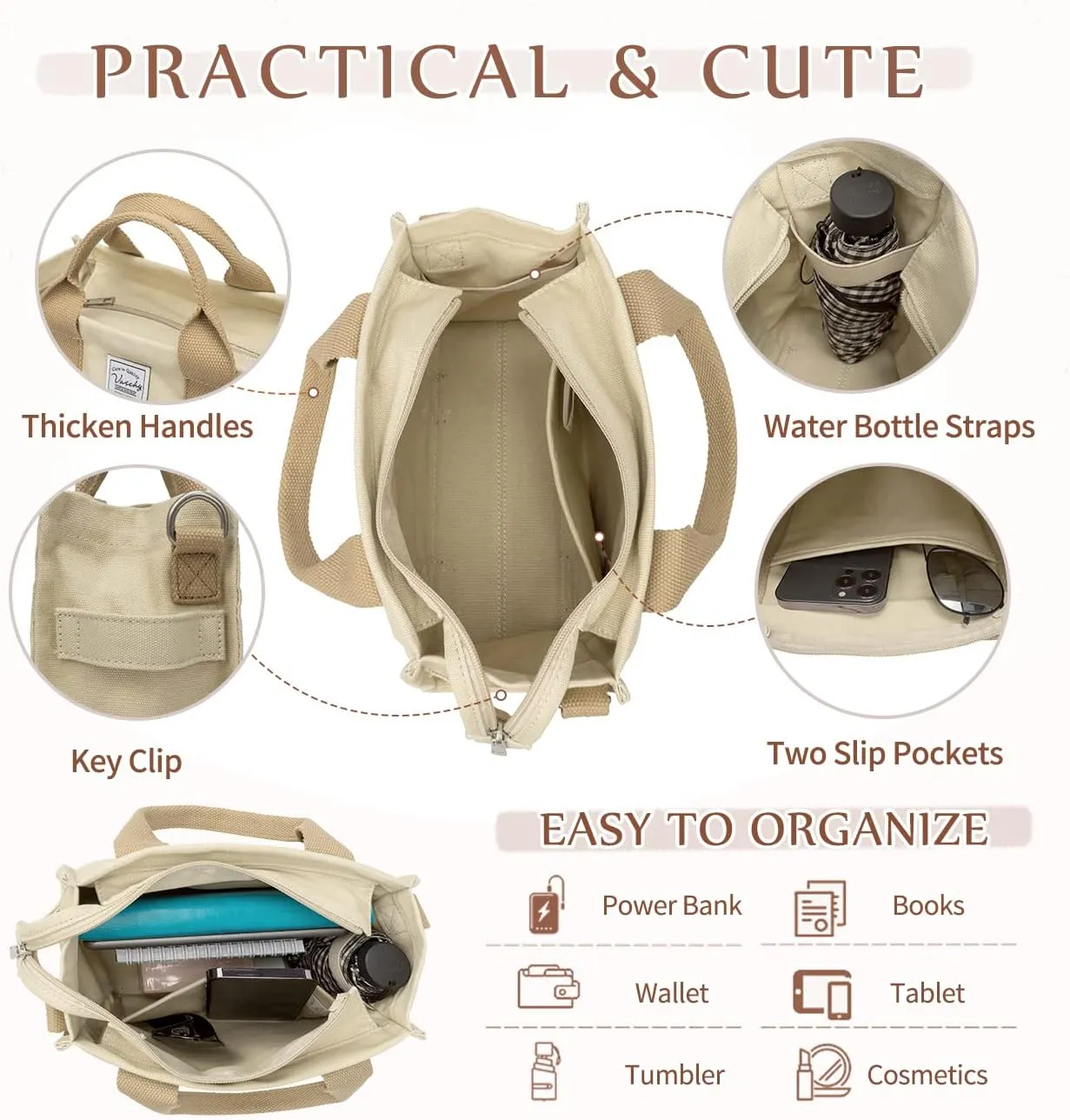 VASCHY Canvas Tote bag, Casual Reusable Work Totes for Women Teachers with Zippers Pockets Crossbody Shoulder Bag Purse