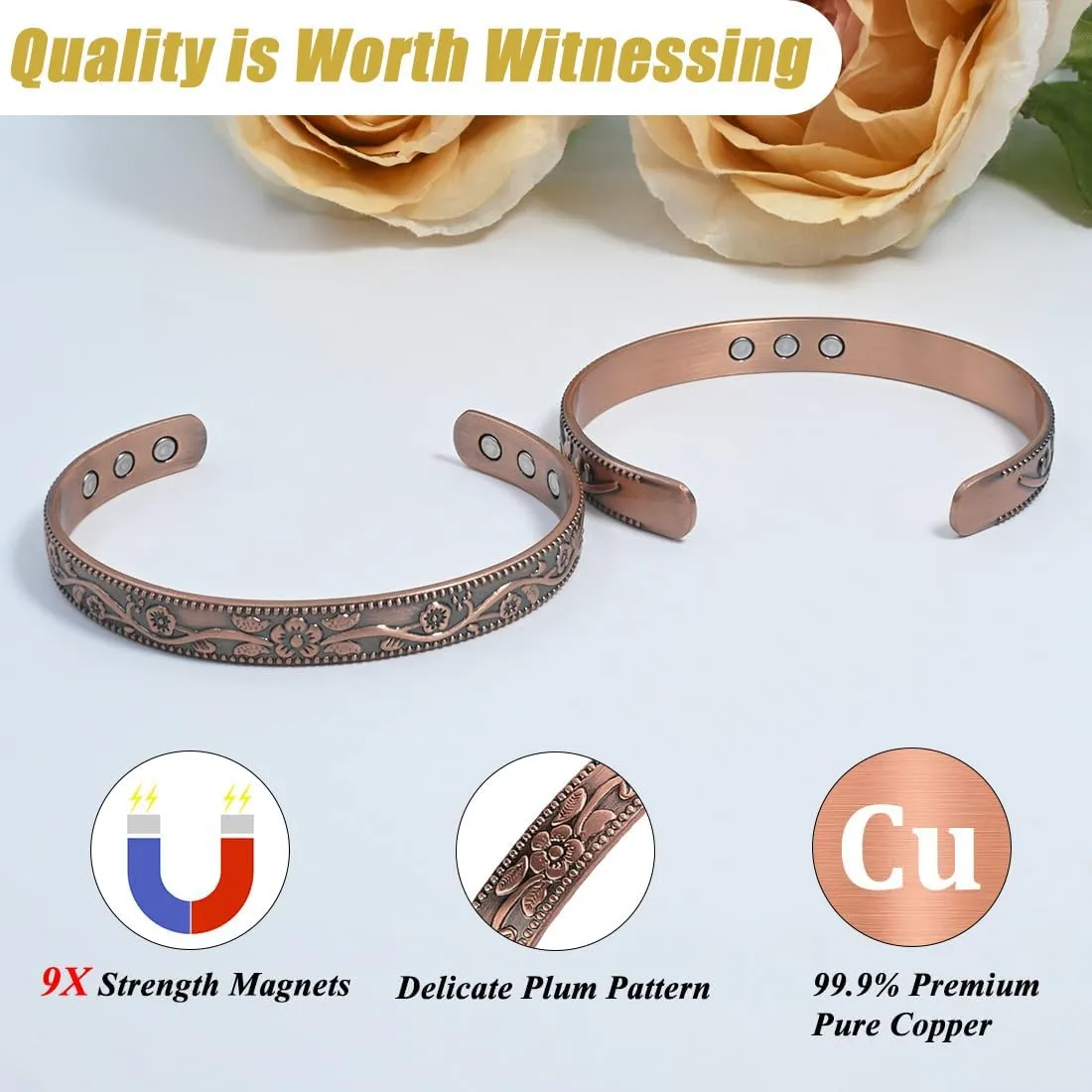 Vicmag Copper Magnetic Bracelet for Women and Men Ultra Strength Magnets 99.9% Pure Copper Strong Magnets Jewelry Gift Adjustable Length