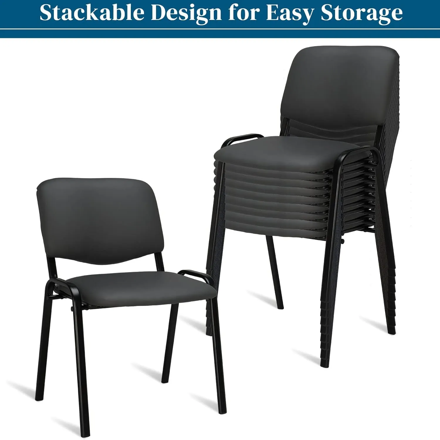 VINGLI Grey Waiting Room Chairs - 10-Pack PU Stackable Chairs Set for Conference Rooms, Offices & Lobbies, Simple & Space-Saving