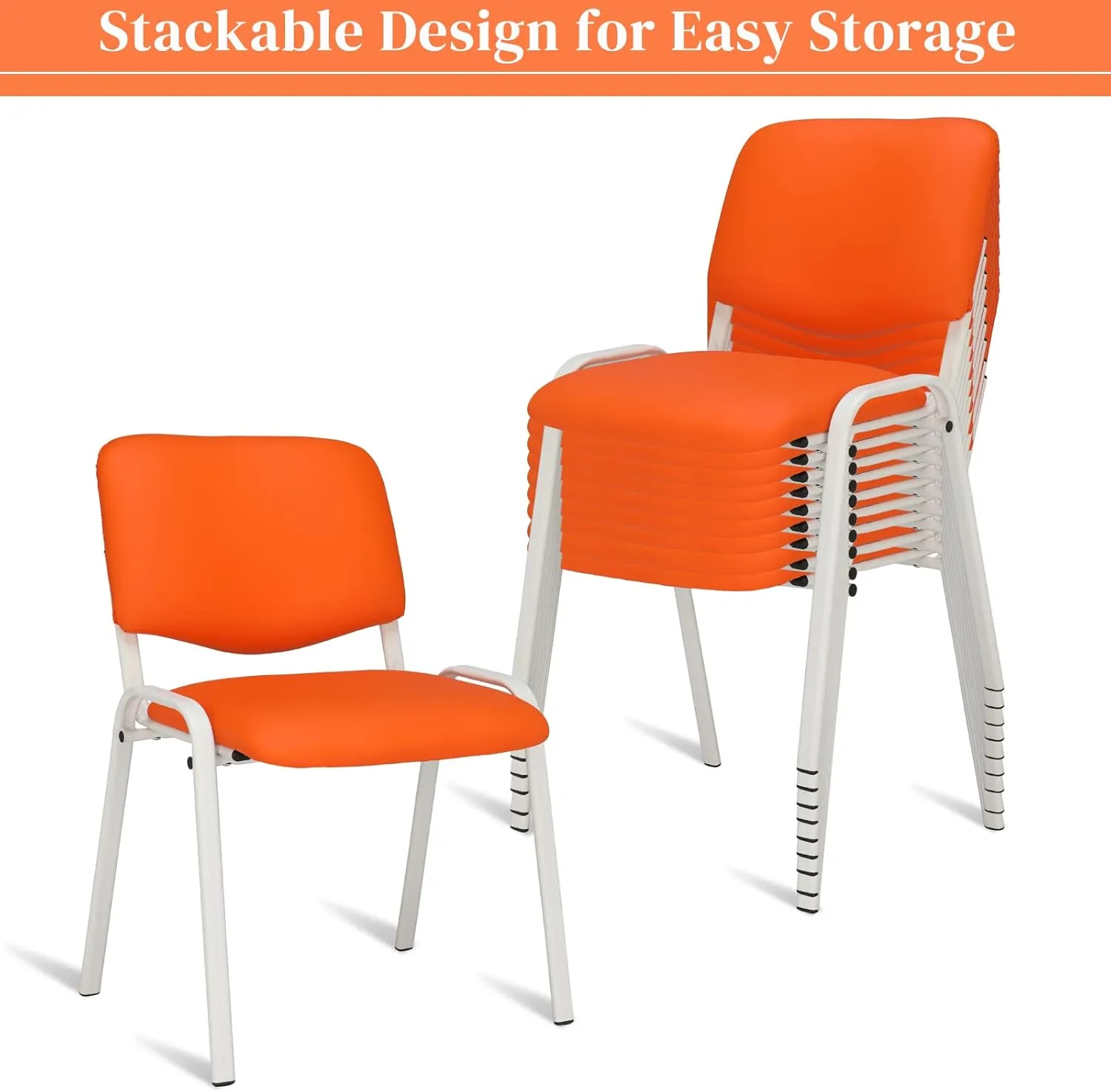 VINGLI Orange 10-Pack PU Stackable Chairs Set for Waiting Room, Church, Conference, Office Guest & Reception, Meeting, Lobby - Simple & Space-Saving