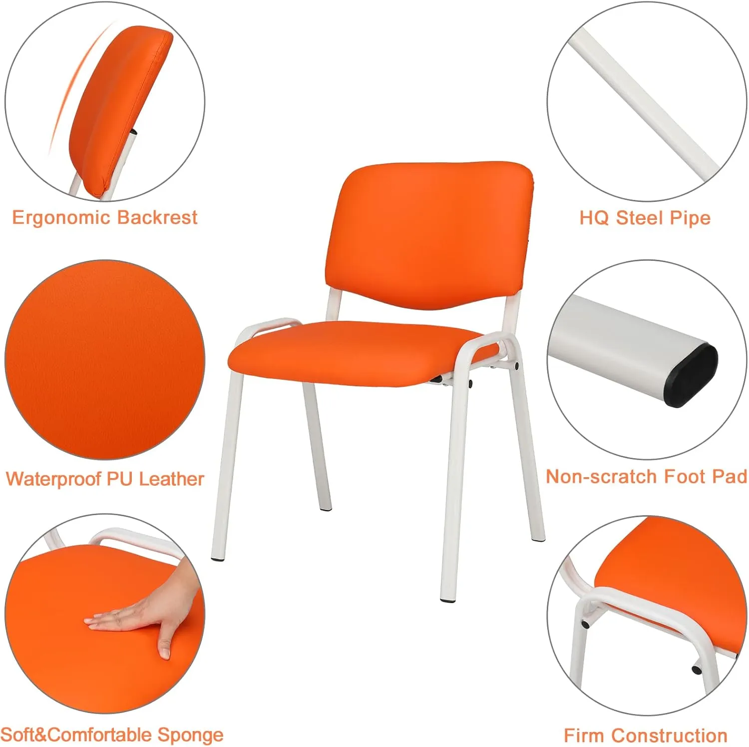 VINGLI Orange 10-Pack PU Stackable Chairs Set for Waiting Room, Church, Conference, Office Guest & Reception, Meeting, Lobby - Simple & Space-Saving