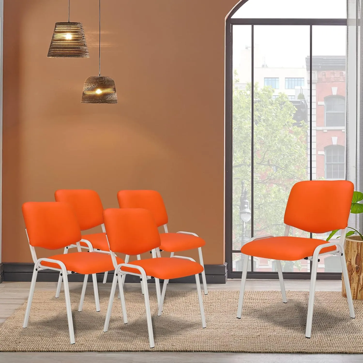 VINGLI Orange 10-Pack PU Stackable Chairs Set for Waiting Room, Church, Conference, Office Guest & Reception, Meeting, Lobby - Simple & Space-Saving