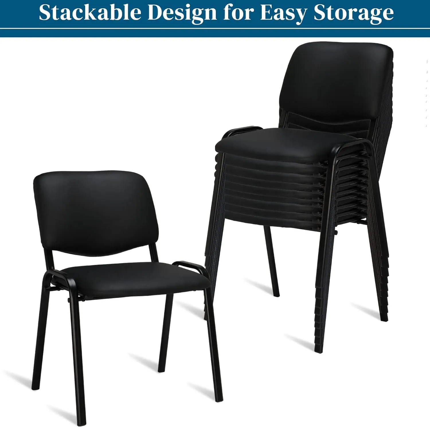 VINGLI Waiting Room Chairs, 10-Pack PU Church Chairs Conference Stackable Set, Office Guest & Reception Stacking for Meeting Room, Lobby, Simple&Space-Saving, Pu-black