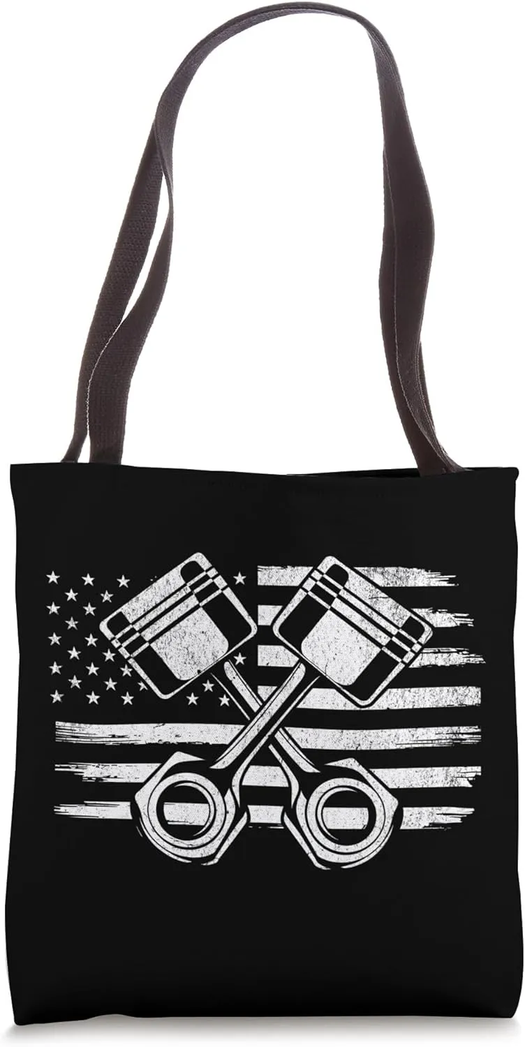 Vintage American Flag Piston Funny Muscle Car Mechanic Men Tote Bag