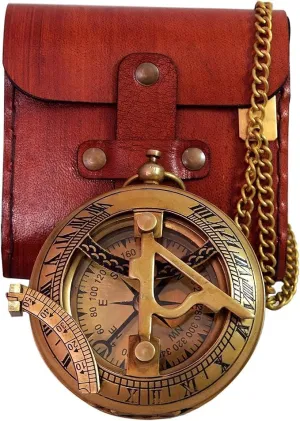 Vintage Brass Sundial Compass with Leather Case, Antique Navigation Tool, Gift Box