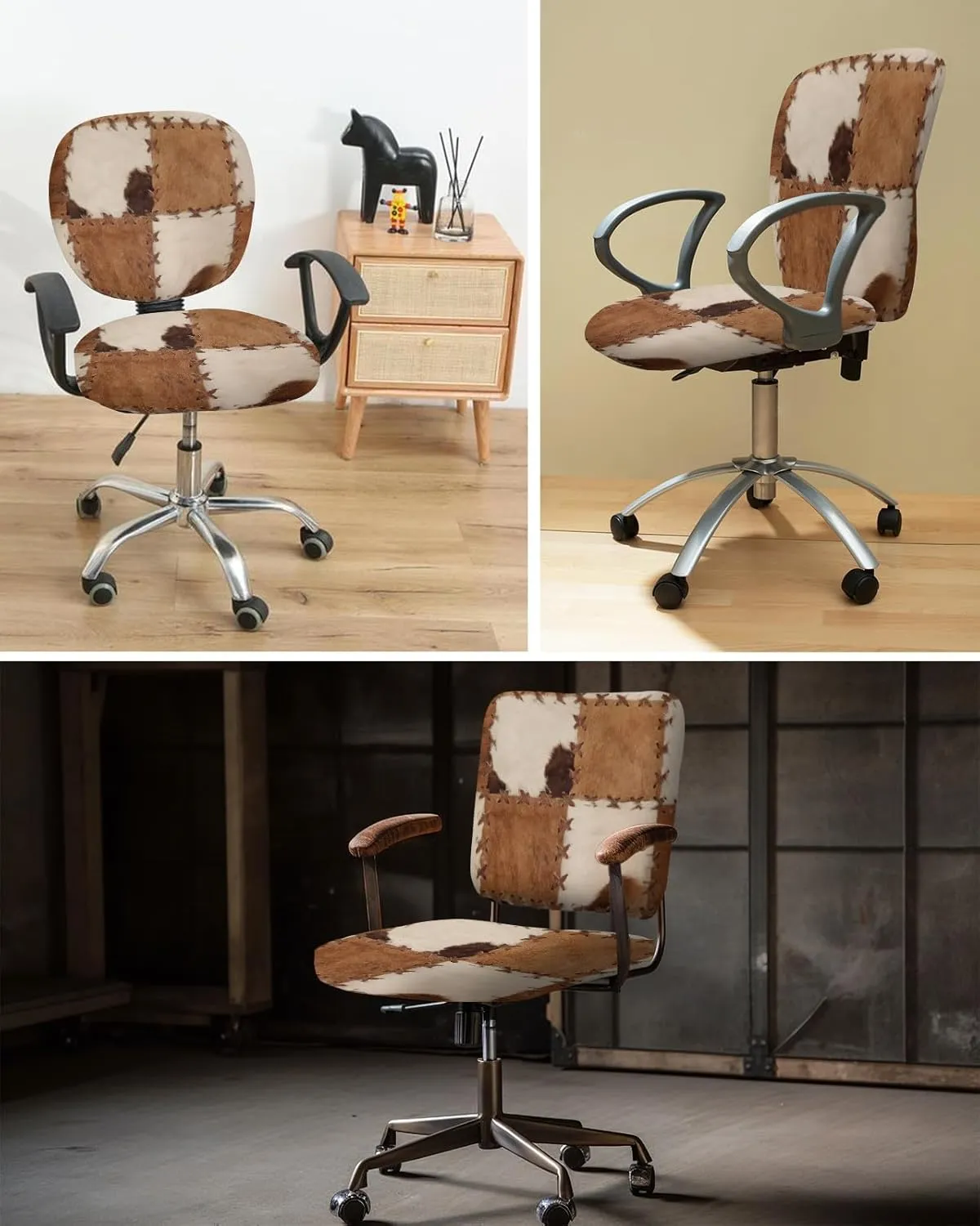 Vintage Leather Office Chair Covers 2 Piece, Abstract Cowhide Plaid Stretch Computer Chair Cover Universal Rotating Desk Chair Covers Washable Chair Seat Cover Back Chair Slipcover Protector