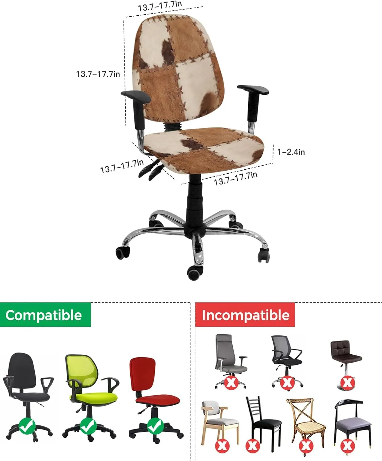 Vintage Leather Office Chair Covers 2 Piece, Abstract Cowhide Plaid Stretch Computer Chair Cover Universal Rotating Desk Chair Covers Washable Chair Seat Cover Back Chair Slipcover Protector