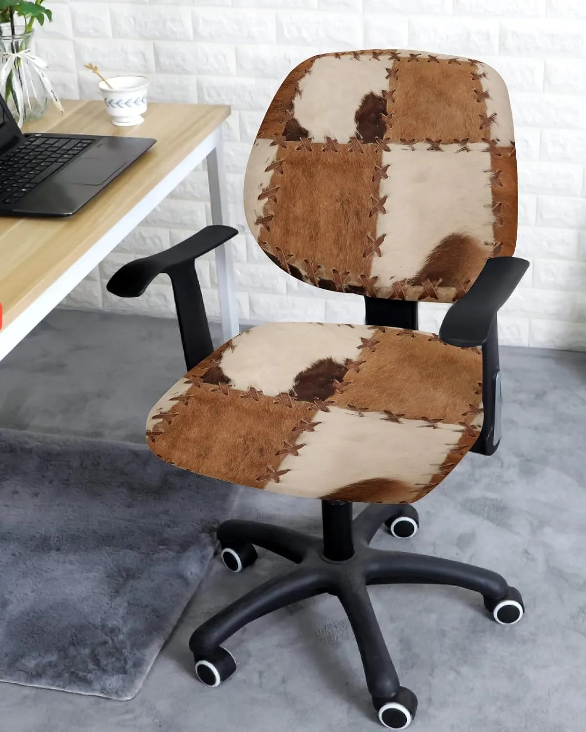 Vintage Leather Office Chair Covers 2 Piece, Abstract Cowhide Plaid Stretch Computer Chair Cover Universal Rotating Desk Chair Covers Washable Chair Seat Cover Back Chair Slipcover Protector