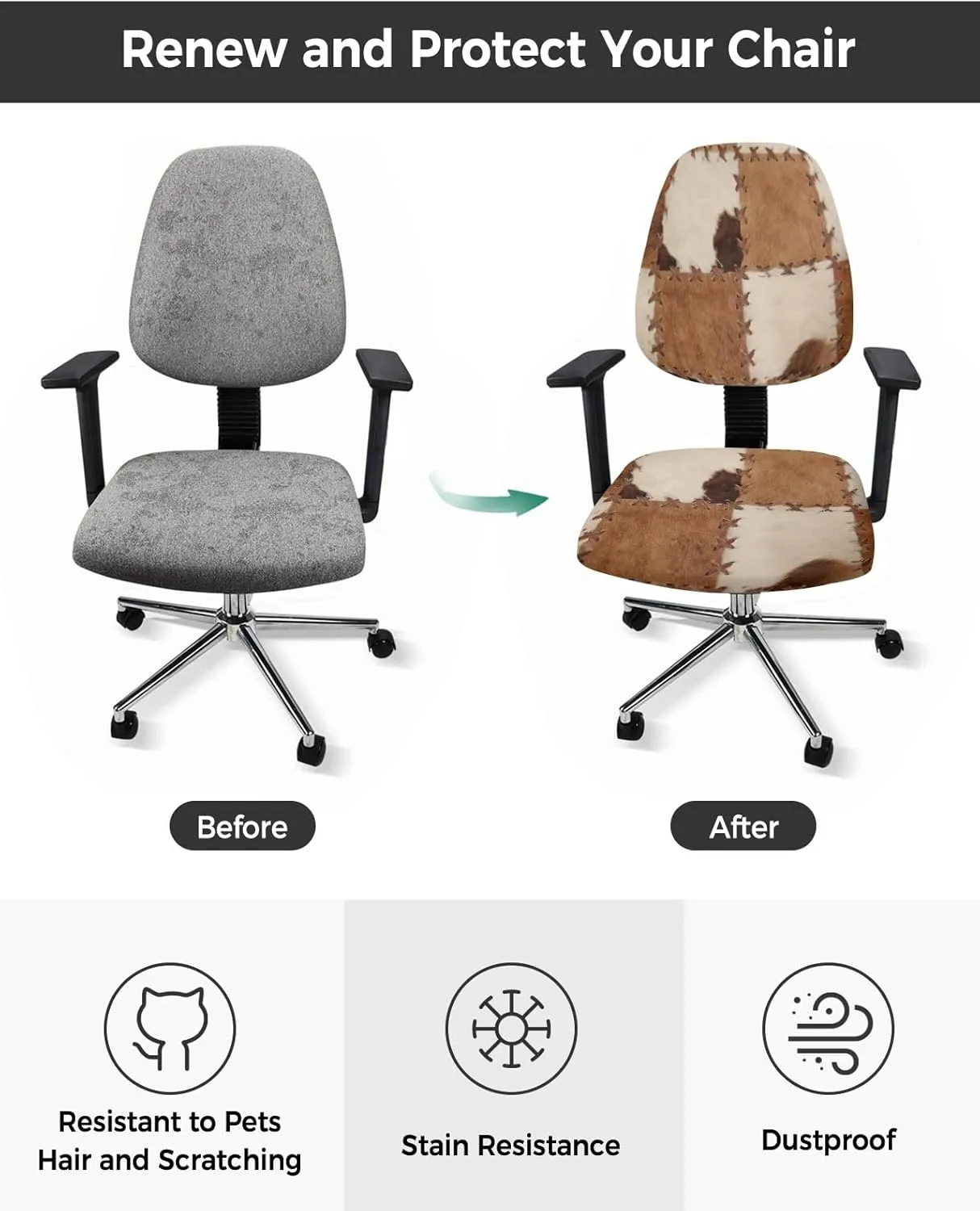 Vintage Leather Office Chair Covers 2 Piece, Abstract Cowhide Plaid Stretch Computer Chair Cover Universal Rotating Desk Chair Covers Washable Chair Seat Cover Back Chair Slipcover Protector