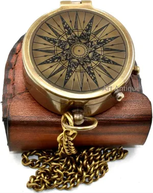 Vintage Style Brass Antique Compass with Leather Case Wanderful Engraved Design for Love Husband/Wife Valentine Day Gift Camping Compass