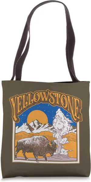 Vintage Yellowstone Bison Geyser Old Faithful Snowy Mountain Tote Bag