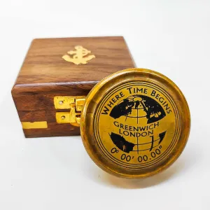 VINTORIA Greenwich Brass Pocket Compass with Wooden Box | Vintage Collectible Solid Directional Compass for Birthdays, Christmas, and Special Occasions