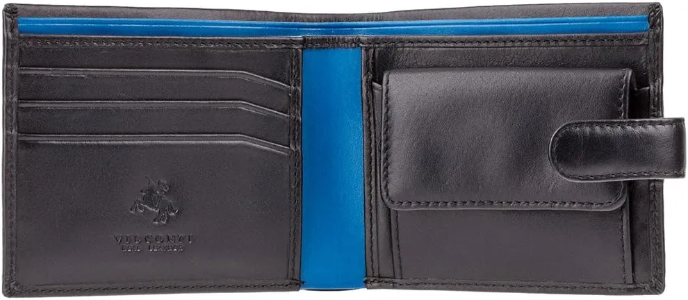 Visconti Parma PM-100 Mens Classic Bi-fold Coin Pouch Wallet (Black/Cobalt)