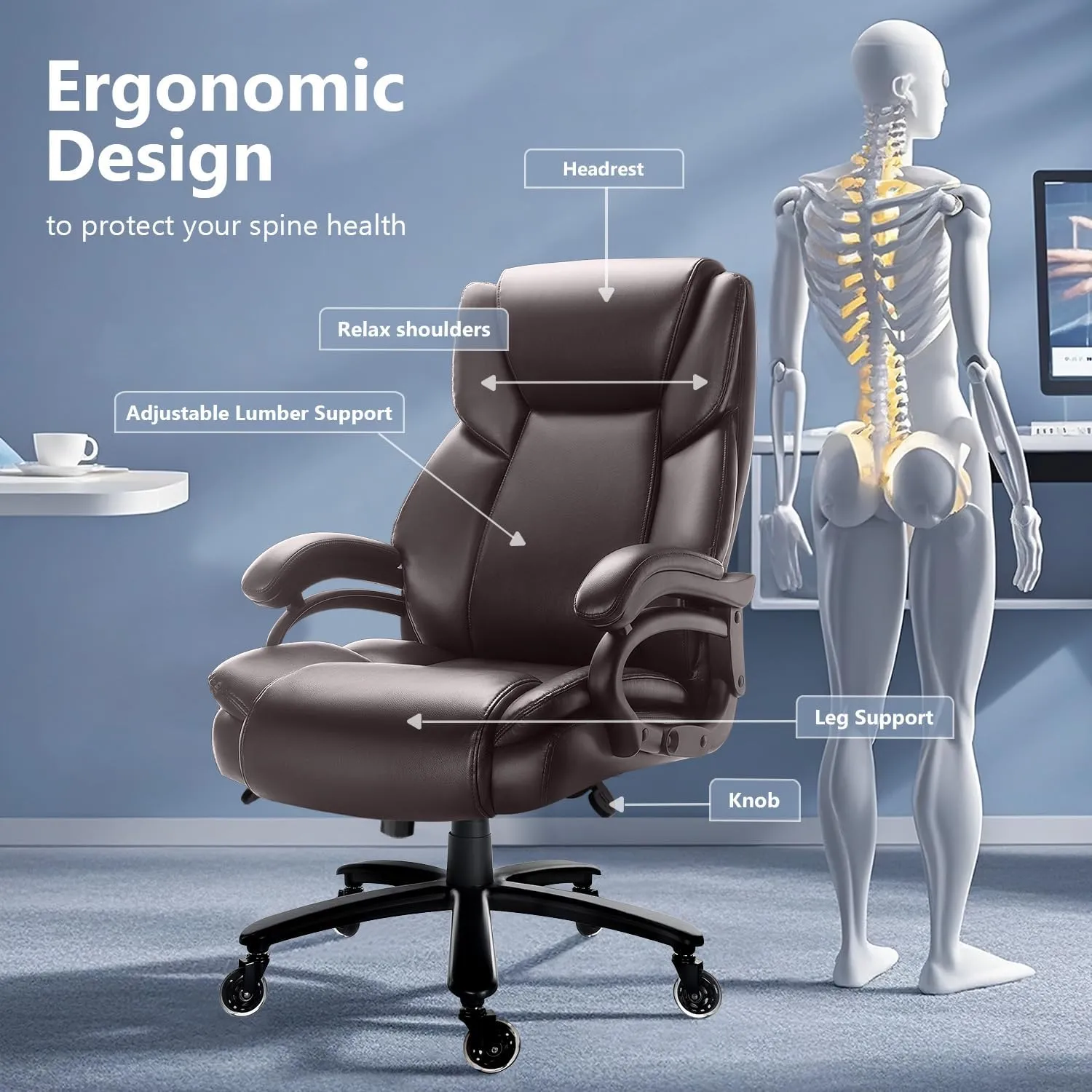 Waleaf 500lbs Big and Tall Office Chair, Heavy Duty Chair for Heavy People, Adjustable Ergonomic Lumbar Support Executive Chair, Large High Back and Quiet Rubber Wheels