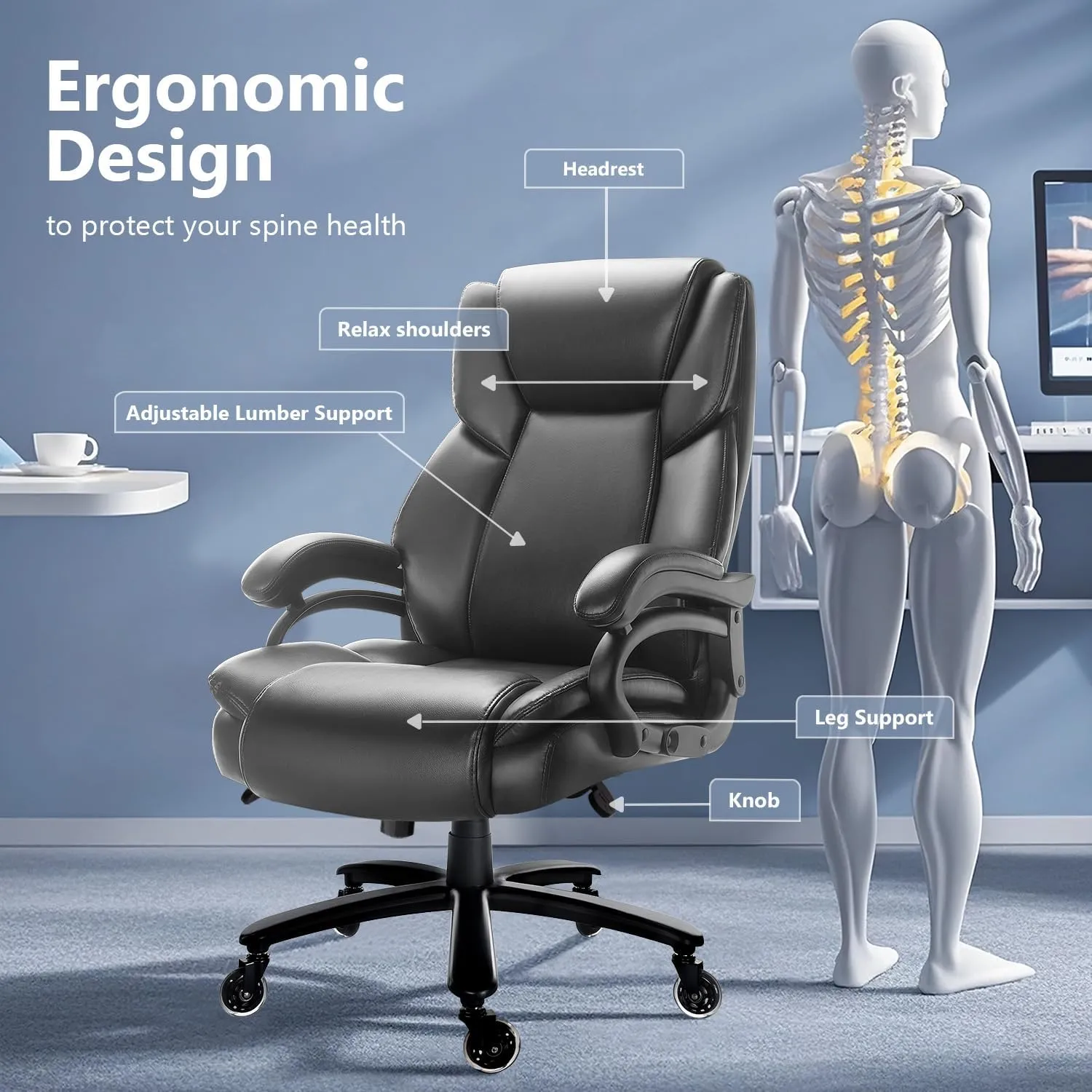 Waleaf Big & Tall Executive Office Chair - 500lbs, Adjustable Lumbar Support, Ergonomic Heavy Duty Chair for Heavy People (Gray)