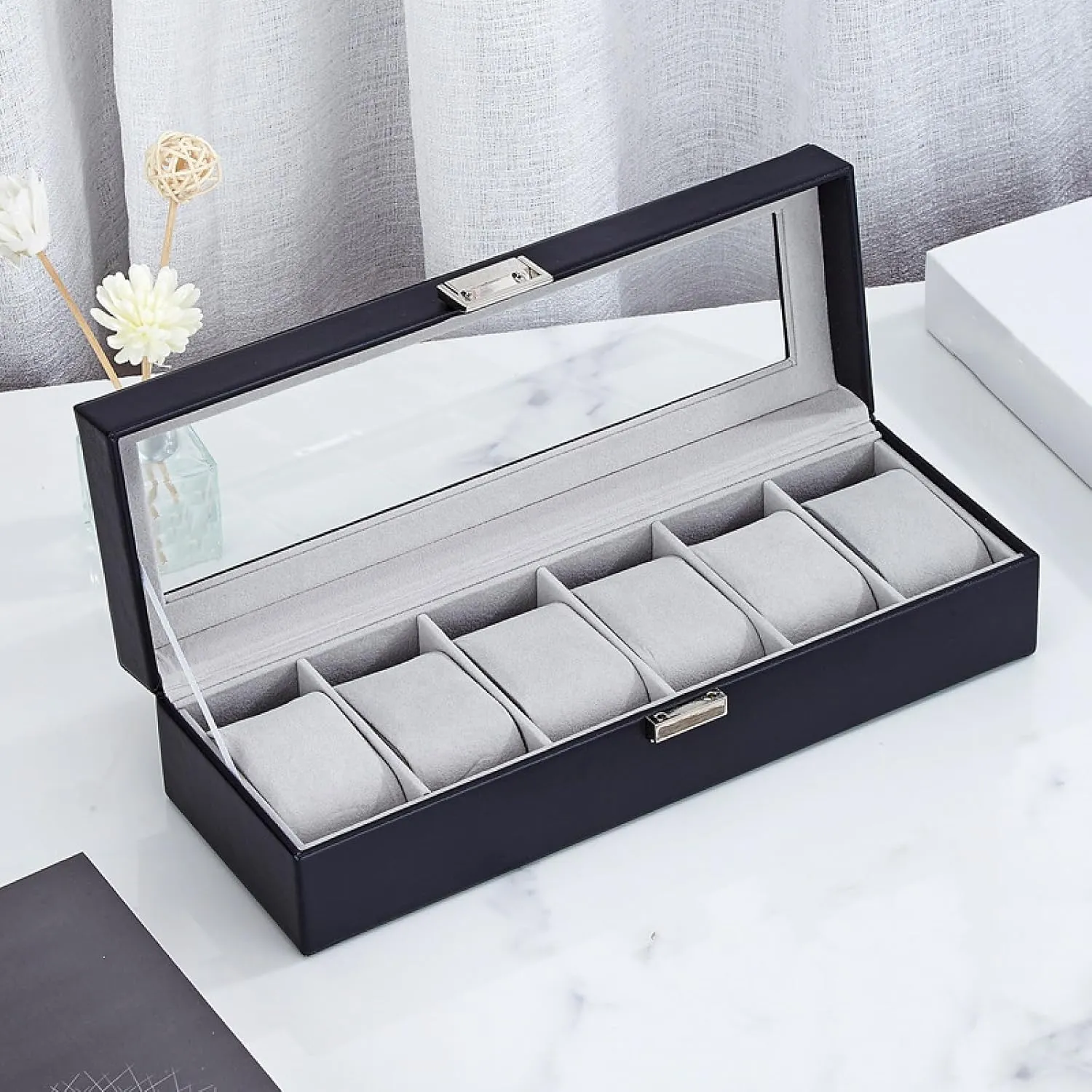 Watch storage box, transparent glass cover, leather home display watch box