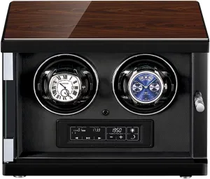Watch Winder for 2 Automatic Watches with Remote Control LED Illumination 5 Rotation Modes Wood Shell Piano Paint Exterior Adjustable Watch Pillows with Soft Flexible Watch Pillows (Black)
