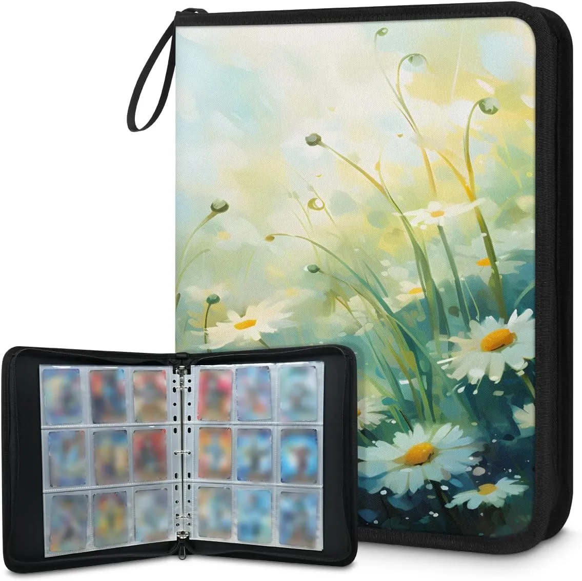 Watercolor Daisies 3 Ring Trading Zipper Binder Strap, Trading Card Binder 4 Pocket, 400 Pockets Card Holder with 50 Removable Sleeves for Game Cards
